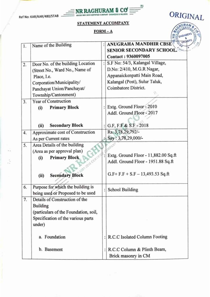 Sanitary Certificate ANUGRAHA MANDHIR CBSE